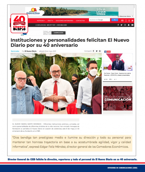 Felicitaciones de nuestro director general, Edgar Augusto Féliz Méndez, en el 30 aniversario del periódico El Nuevo Diario.